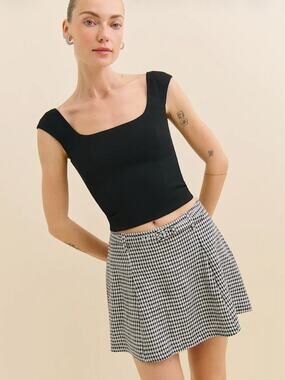 Reformation Rory Gingham Linen Pleated Mini Skirt Black/ White Size 6 NWT